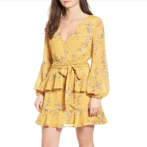 Love, Fire Yellow Floral Wrap Dress Chiffon Tiered Skit NWT Large - Picture 1 of 9